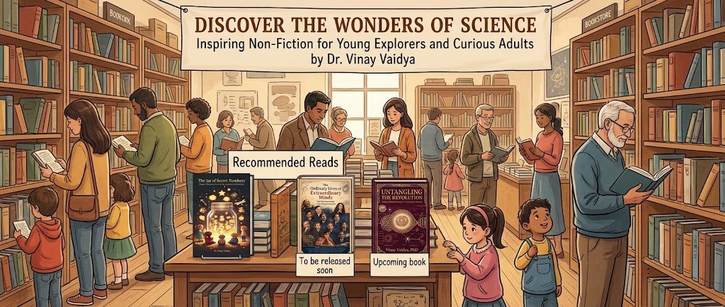 Illustrated bookstore full of children, parents and grandparents reading. A banner reads: Discover the Wonders of Science — Inspiring Non-Fiction for Young Explorers and Curious Adults, by Dr. Vinay Vaidya. A Recommended Reads table shows The Jar of Secret Numbers, The Ordinary Lives of Extraordinary Minds (to be released soon) and Untangling the Revolution (upcoming book).