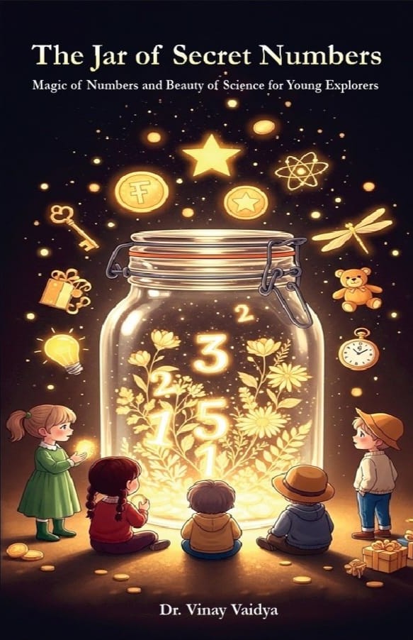 Cover of The Jar of Secret Numbers: children gather around a glowing glass jar filled with numbers and golden flowers, under stars, coins and a lightbulb.